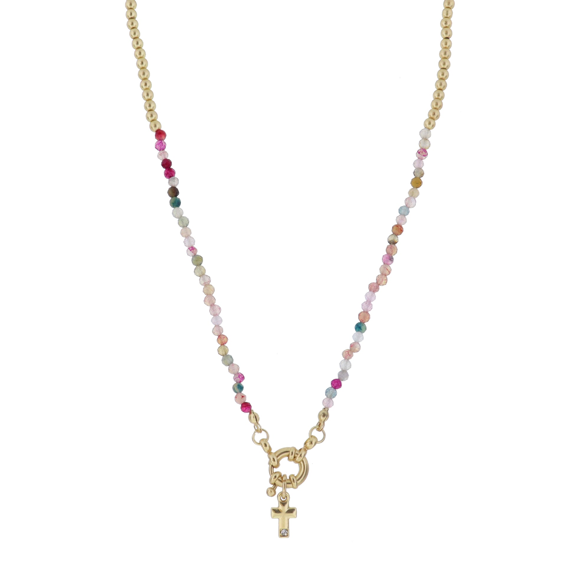 Kids Gold Ball & Stone Faceted Beaded with Gold Spring Ring & Cross with Crystal Accent Necklace