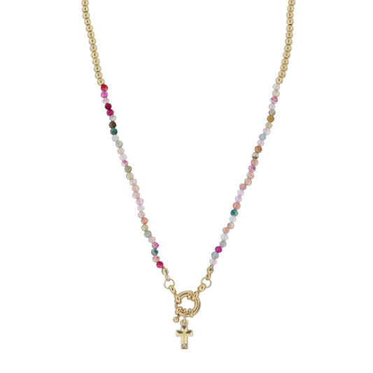 Kids Gold Ball & Stone Faceted Beaded with Gold Spring Ring & Cross with Crystal Accent Necklace