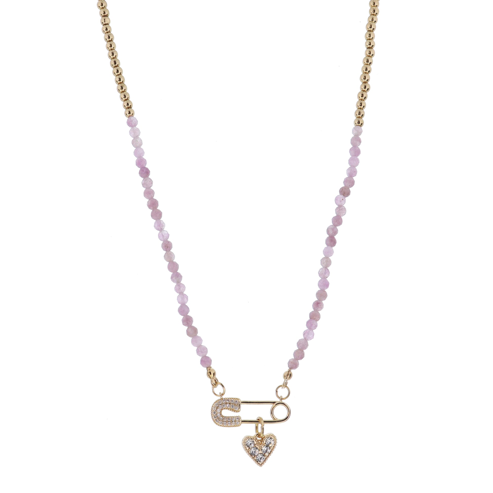 Kids Gold Ball & Mauve Quartz Faceted Beaded with Crystal Pave Safety Pin & Crystal Heart Necklace