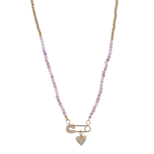 Kids Gold Ball & Mauve Quartz Faceted Beaded with Crystal Pave Safety Pin & Crystal Heart Necklace