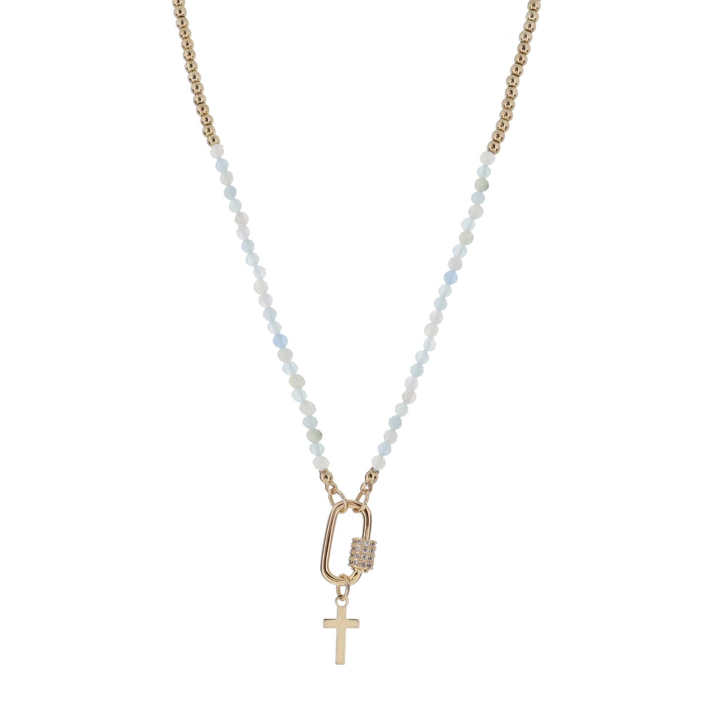 Kids Mini Gold Ball and Aquamarine Stone Faceted Beaded with Gold Carabiner and Gold Cross Necklace