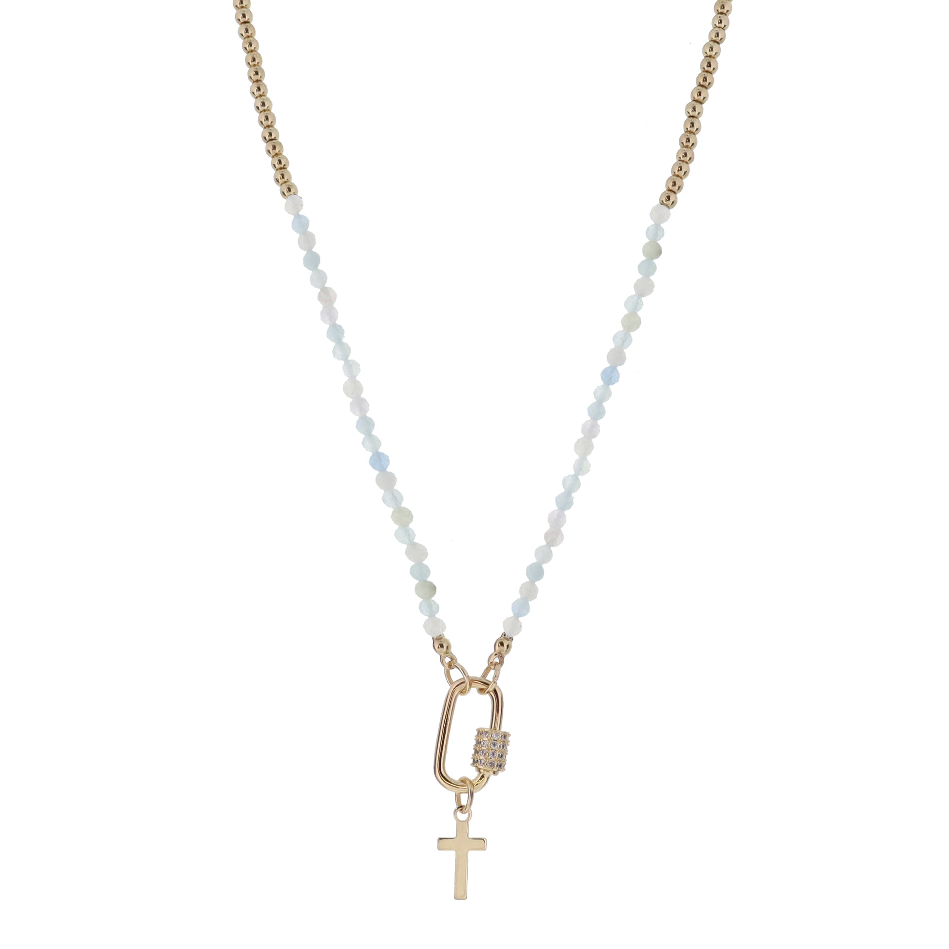 Kids Mini Gold Ball and Aquamarine Stone Faceted Beaded with Gold Carabiner and Gold Cross Necklace