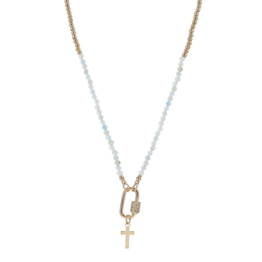 Kids Mini Gold Ball and Aquamarine Stone Faceted Beaded with Gold Carabiner and Gold Cross Necklace