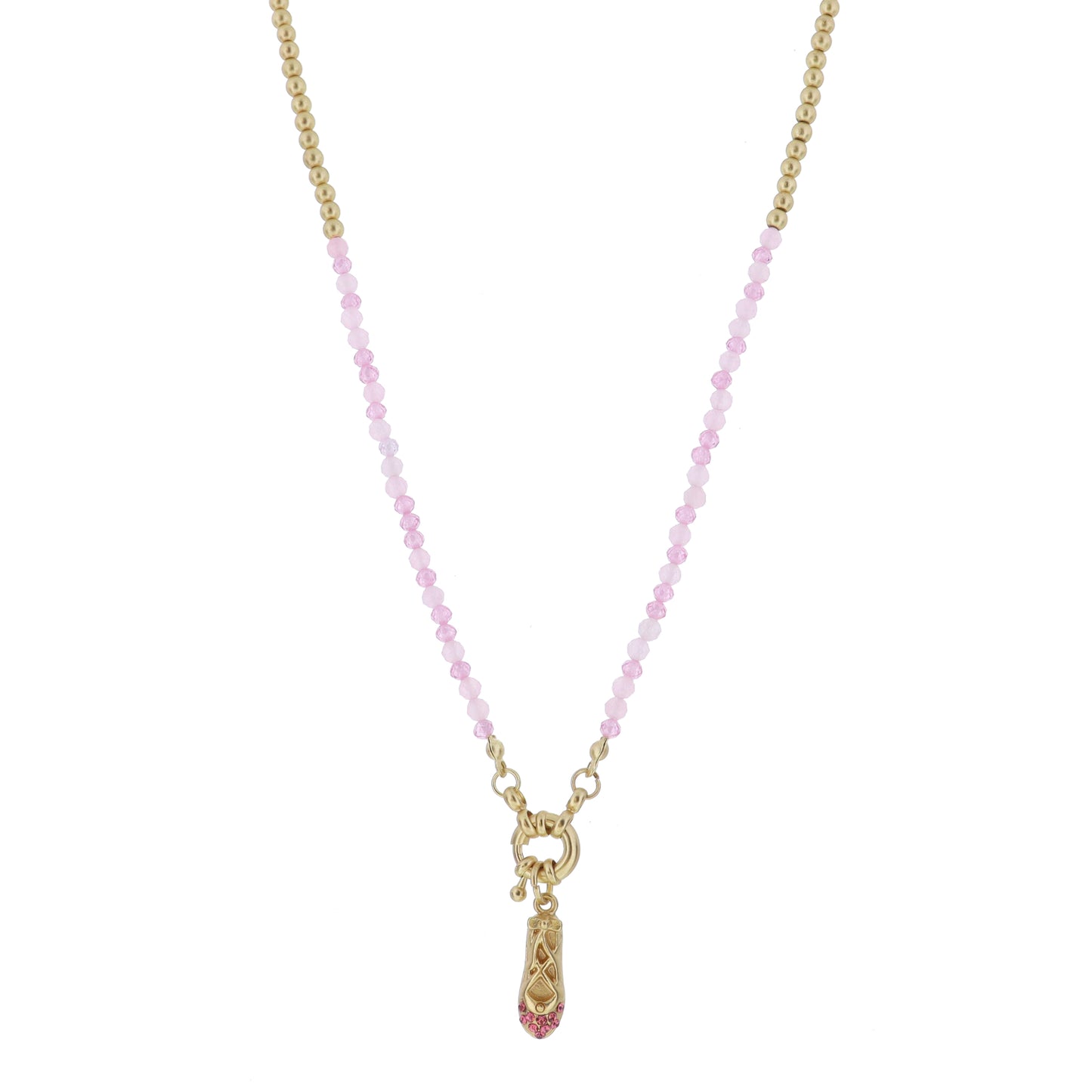 Kids Gold Ball & Pink Zircon Faceted Beaded with Spring Ring & Pink Ballet Slipper Necklace