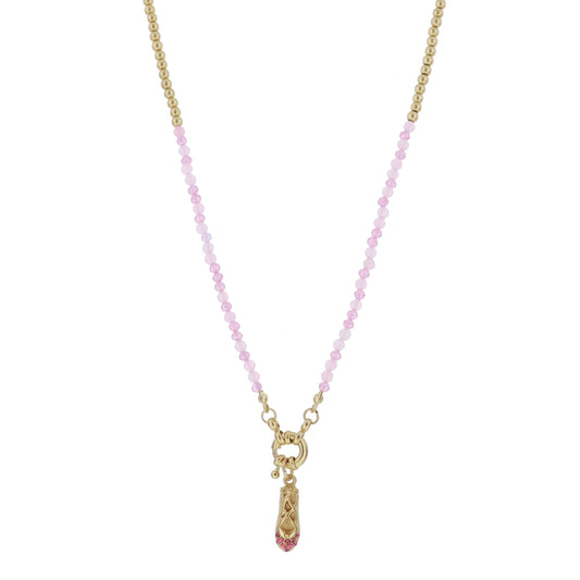 Kids Gold Ball & Pink Zircon Faceted Beaded with Spring Ring & Pink Ballet Slipper Necklace