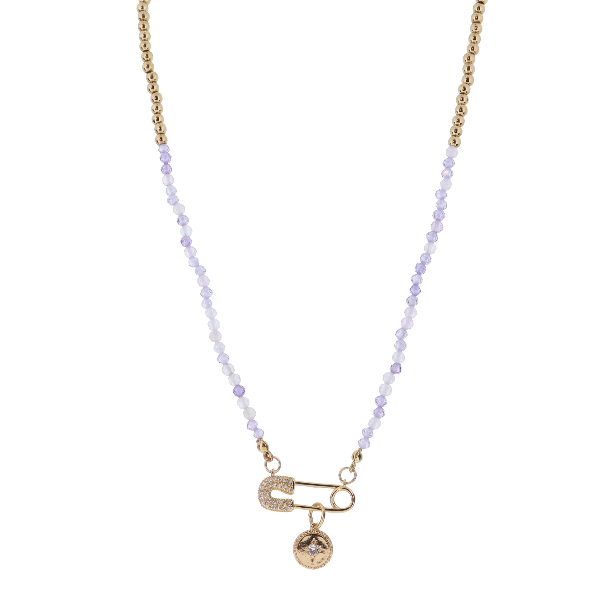 Kids Ball & Purple Zircon Faceted Beaded with Safety Pin & Disc with Crystal Starburst Necklace