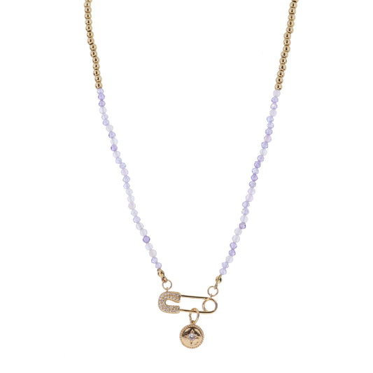 Kids Ball & Purple Zircon Faceted Beaded with Safety Pin & Disc with Crystal Starburst Necklace
