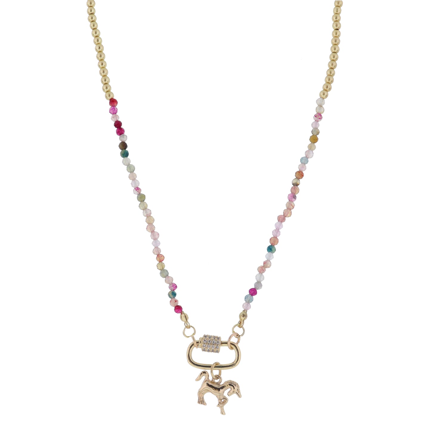 Kids Mini Gold Ball and Multi Stone Faceted Beaded with Gold Carabiner and Gold Unicorn Necklace