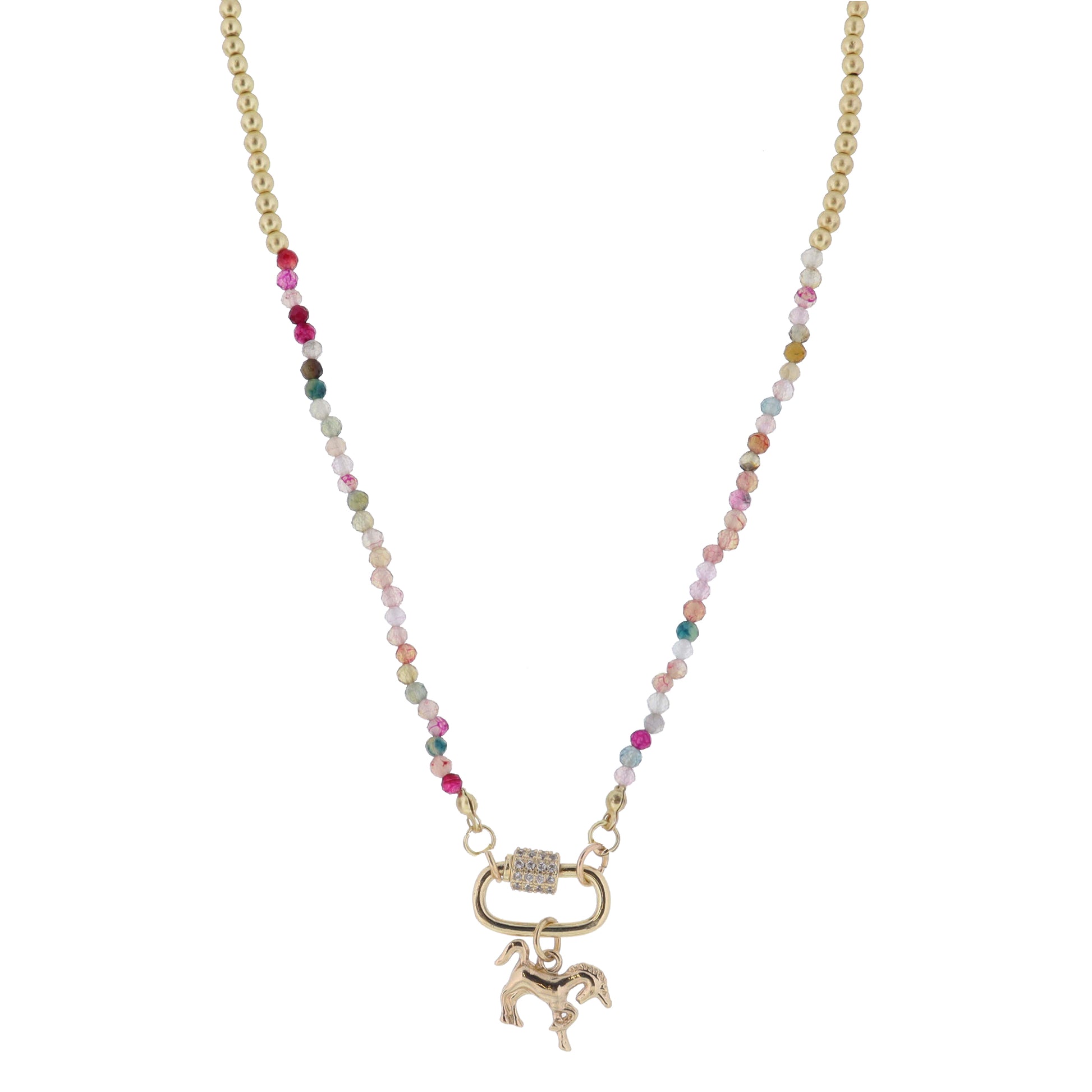 Kids Mini Gold Ball and Multi Stone Faceted Beaded with Gold Carabiner and Gold Unicorn Necklace