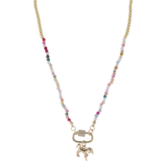 Kids Mini Gold Ball and Multi Stone Faceted Beaded with Gold Carabiner and Gold Unicorn Necklace