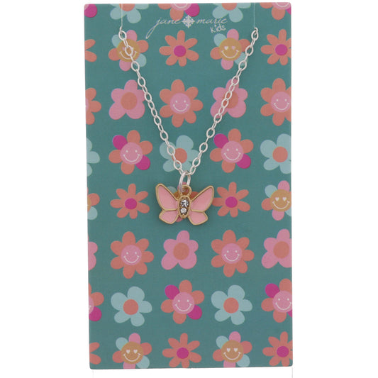 Kids Light Pink Enamel and Crystal Butterfly Necklace