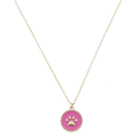 Kids Pink Enamel Disc with Center Gold Paw Print Necklace