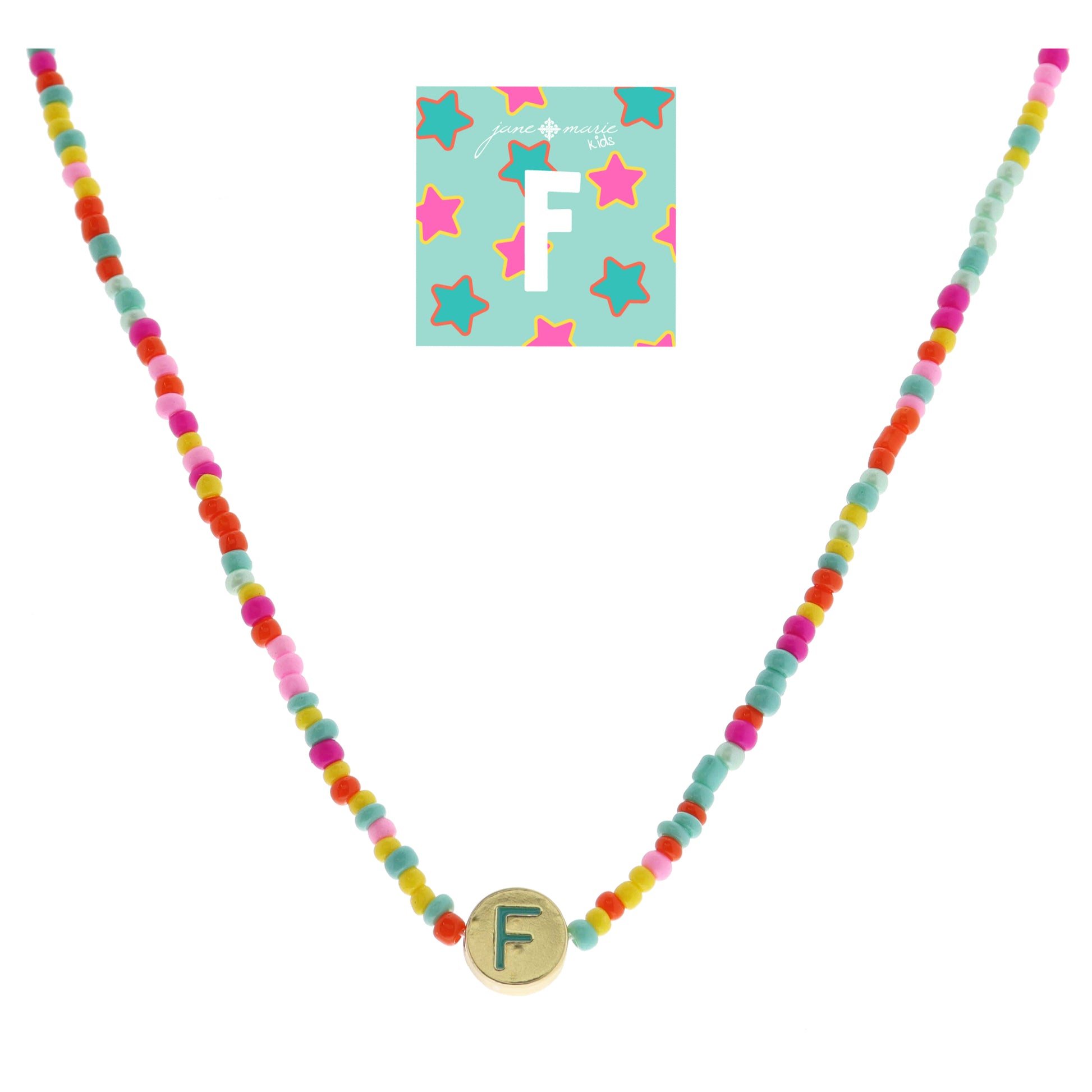 Kids Teal Multi Seed Bead Strand and Teal Enamel "F" Initial on Gold Disc Necklace