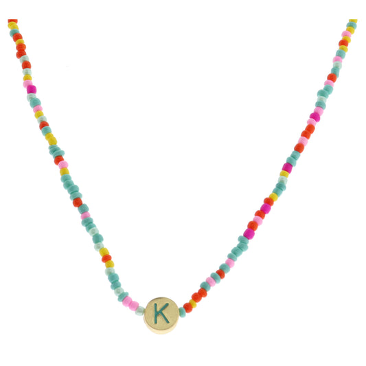 Kids Teal Multi Seed Bead Strand and Teal Enamel "K" Initial on Gold Disc Necklace