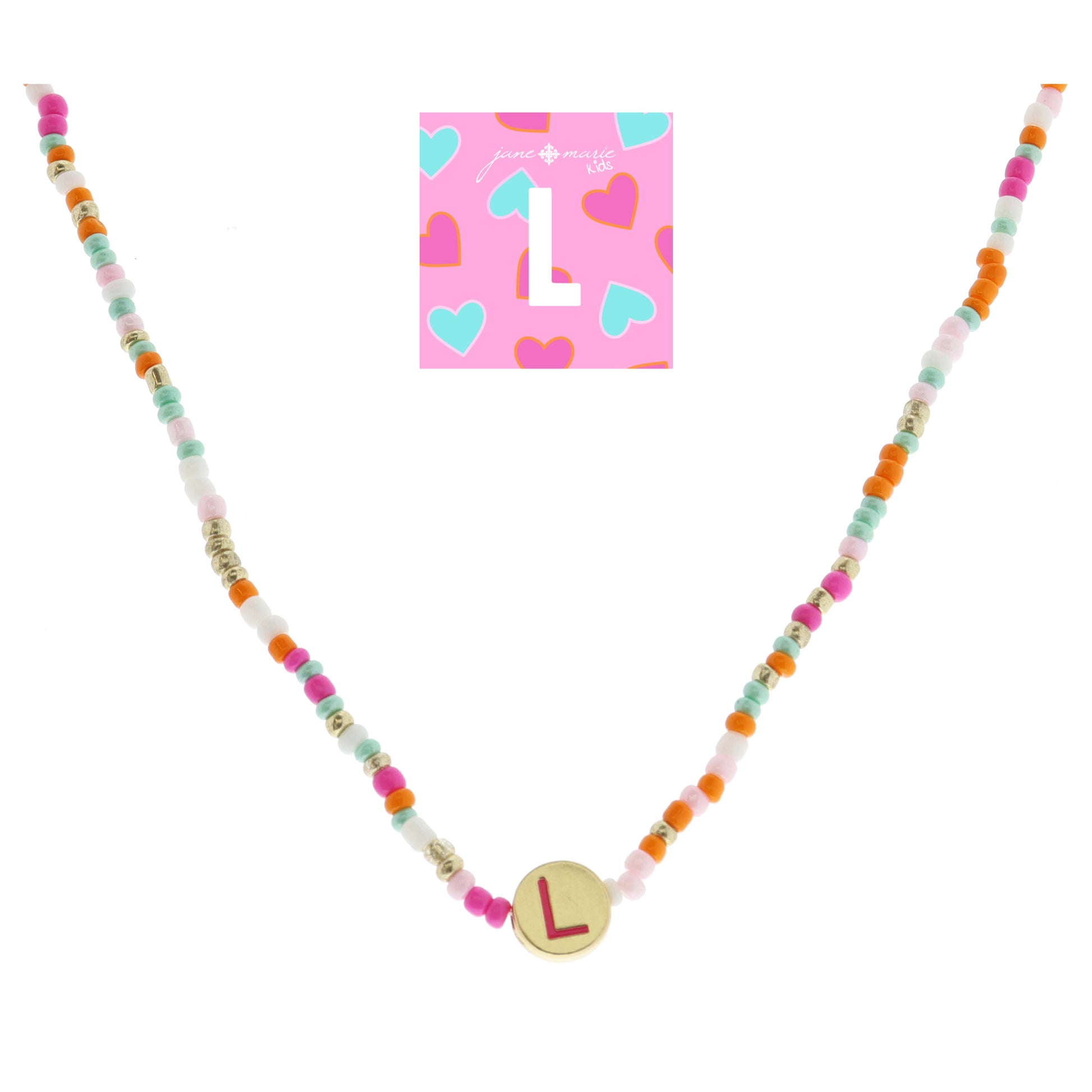 Kids Pink Multi Seed Bead Strand and Hot Pink Enamel "L" Initial on Gold Disc Necklace