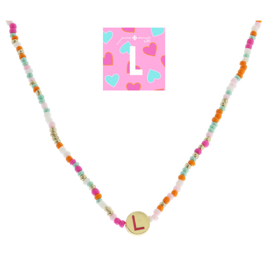 Kids Pink Multi Seed Bead Strand and Hot Pink Enamel "L" Initial on Gold Disc Necklace