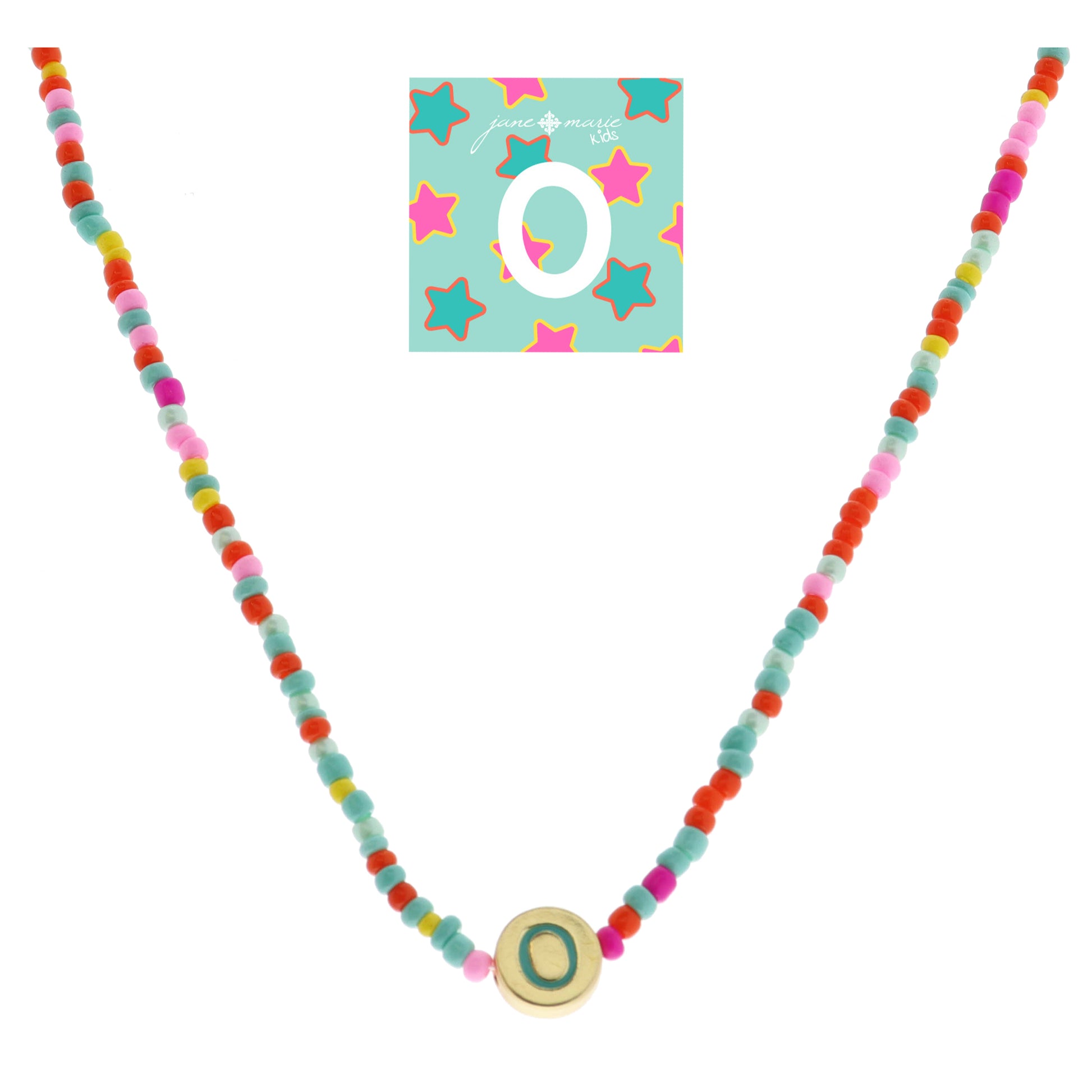 Kids Teal Multi Seed Bead Strand and Teal Enamel "O" Initial on Gold Disc Necklace