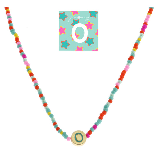 Kids Teal Multi Seed Bead Strand and Teal Enamel "O" Initial on Gold Disc Necklace