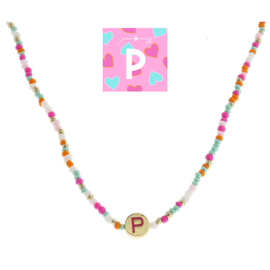 Kids Pink Multi Seed Bead Strand and Hot Pink Enamel "P" Initial on Gold Disc Necklace