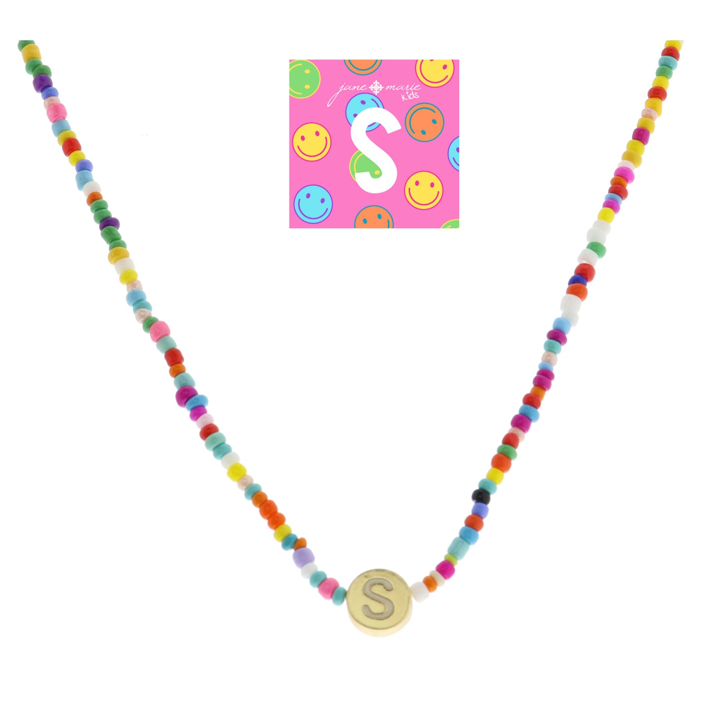 Kids Rainbow Multi Seed Bead Strand and White Enamel "S" Initial on Gold Disc Necklace
