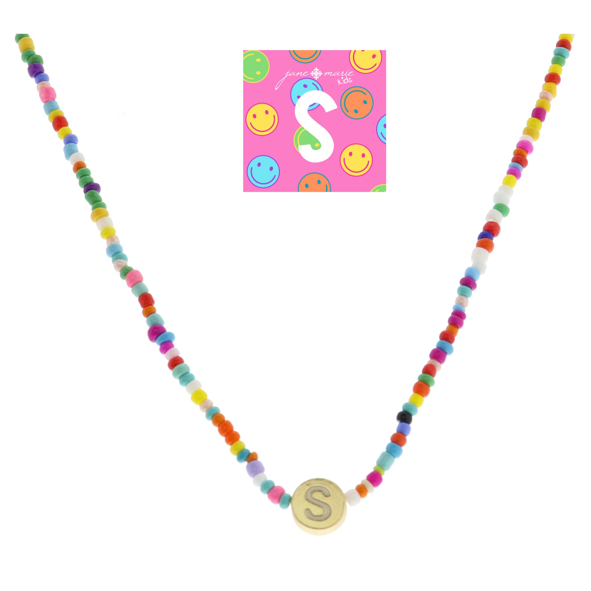 Kids Rainbow Multi Seed Bead Strand and White Enamel "S" Initial on Gold Disc Necklace