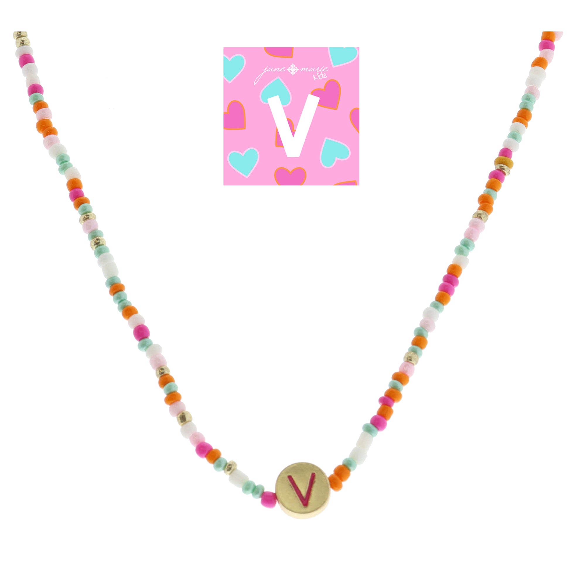 Kids Pink Multi Seed Bead Strand and Hot Pink Enamel "V" Initial on Gold Disc Necklace