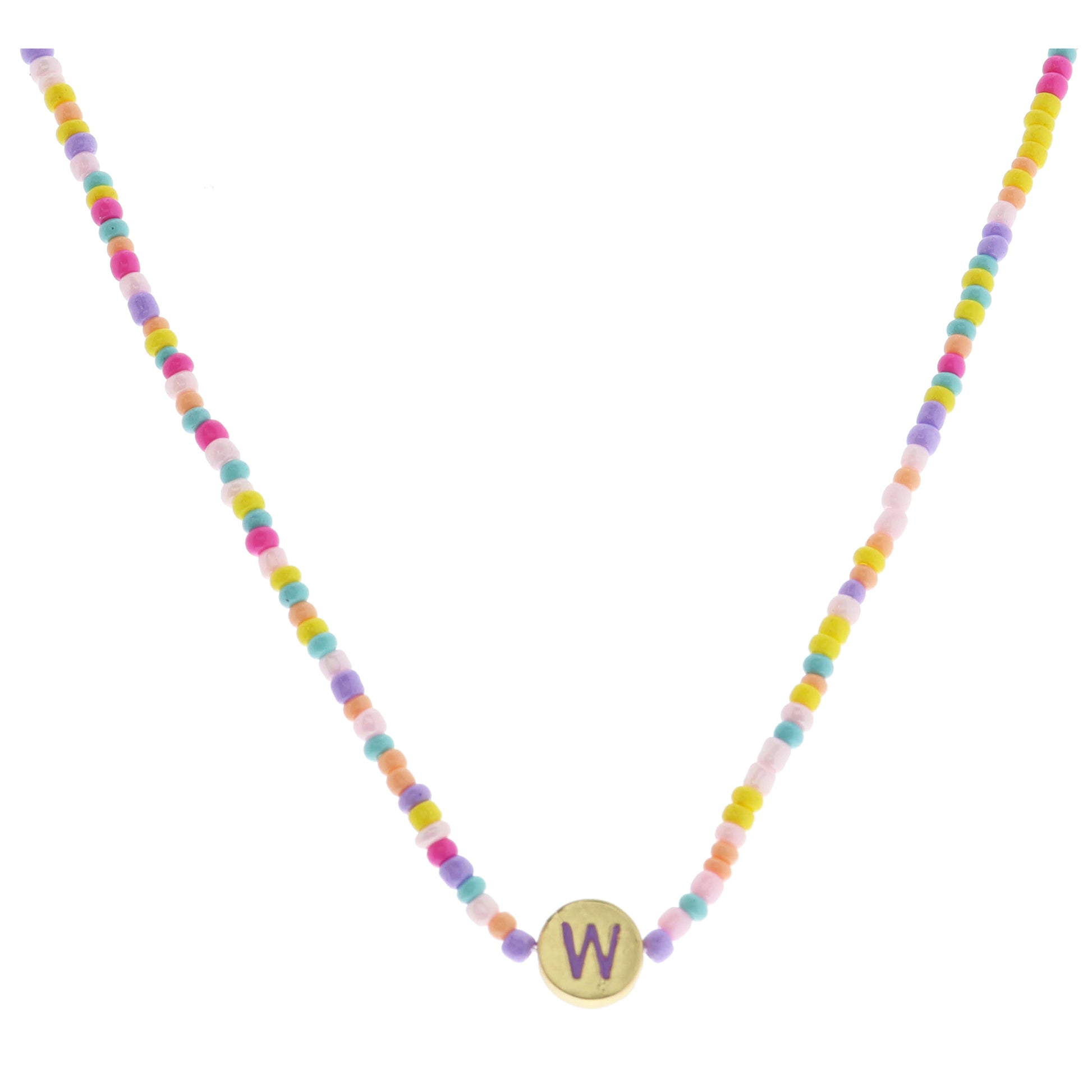 Kids Lavender Multi Seed Bead Strand and Lavender Enamel "W" Initial on Gold Disc Necklace