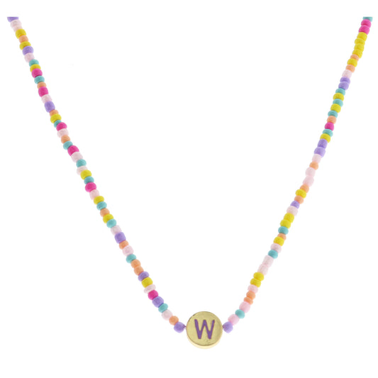 Kids Lavender Multi Seed Bead Strand and Lavender Enamel "W" Initial on Gold Disc Necklace