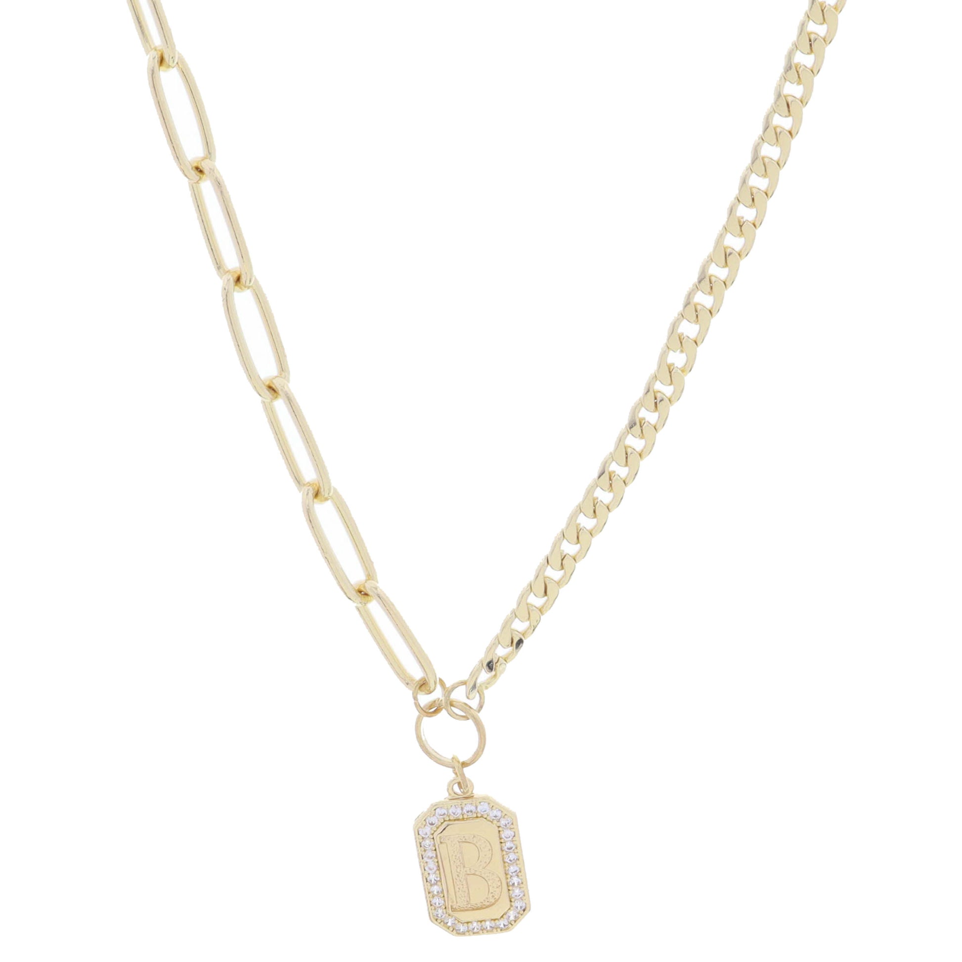Shiny Gold Half Paperclip, Half Curb Chain with Crystal Edged "B" Initial Emerald Plate Necklace