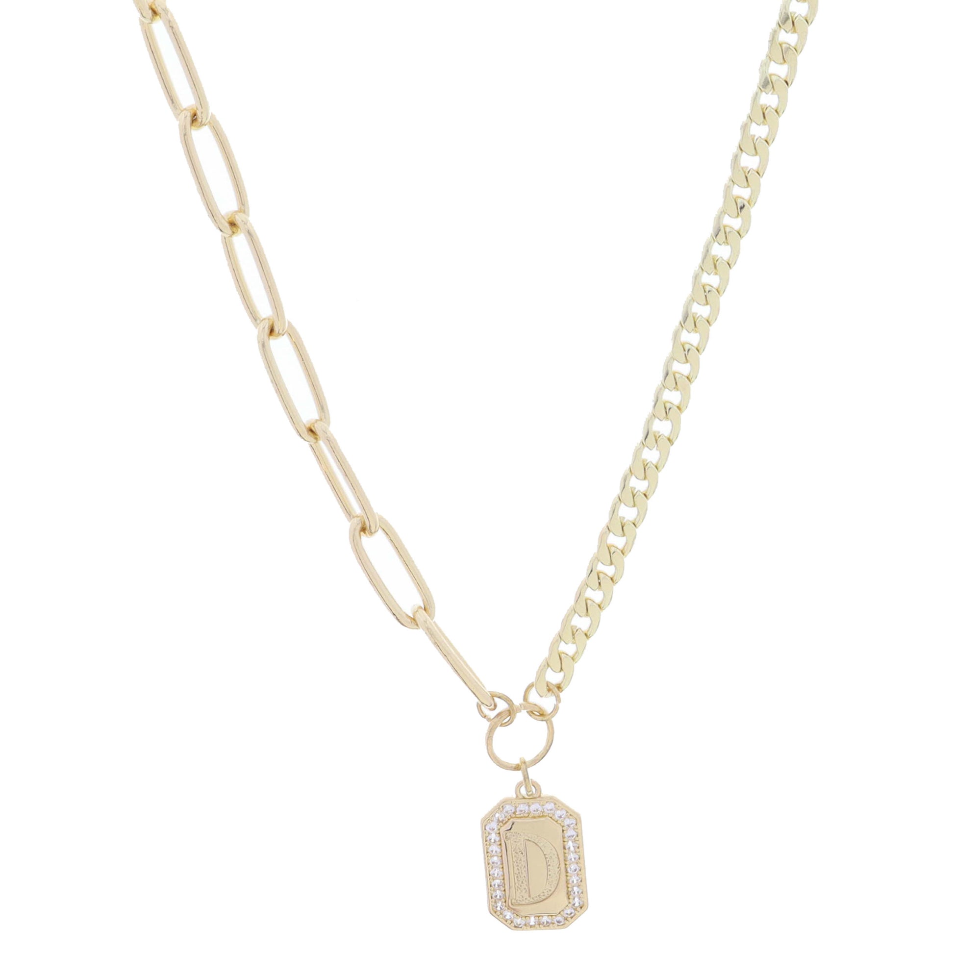Shiny Gold Half Paperclip, Half Curb Chain with Crystal Edged "D" Initial Emerald Plate Necklace