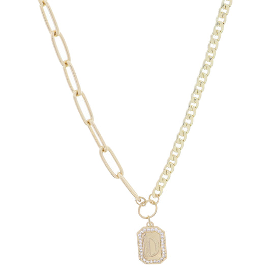 Shiny Gold Half Paperclip, Half Curb Chain with Crystal Edged "D" Initial Emerald Plate Necklace