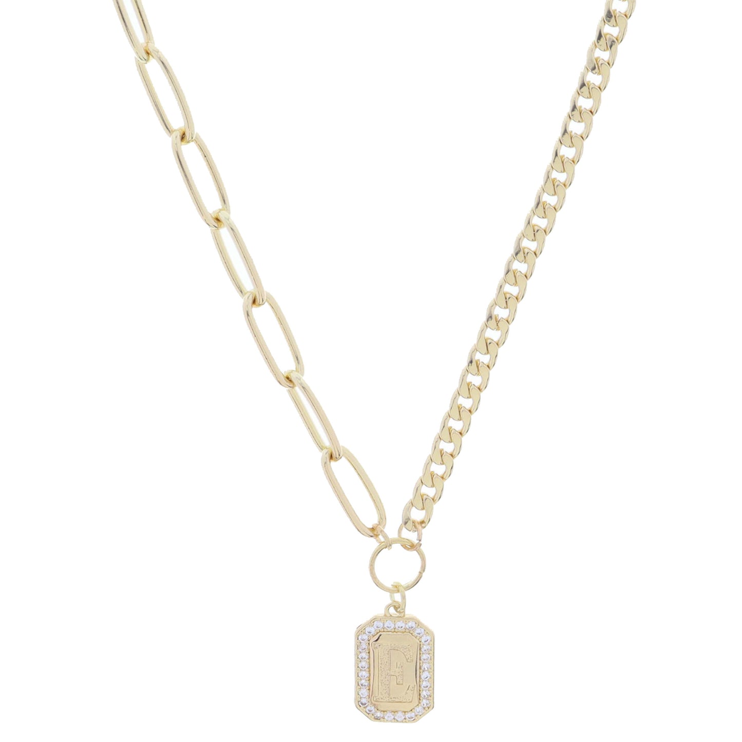 Shiny Gold Half Paperclip, Half Curb Chain with Crystal Edged "E" Initial Emerald Plate Necklace