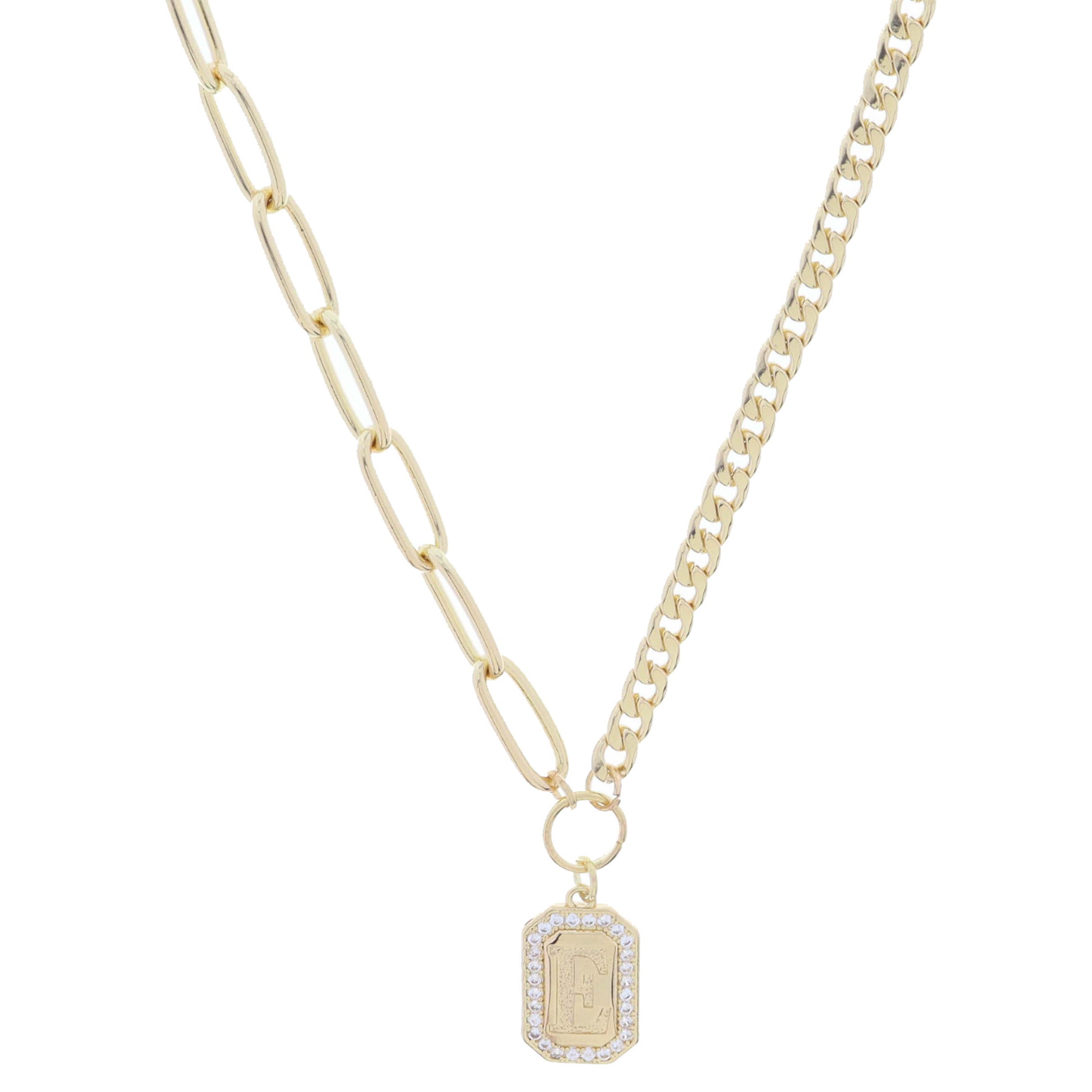 Shiny Gold Half Paperclip, Half Curb Chain with Crystal Edged "E" Initial Emerald Plate Necklace