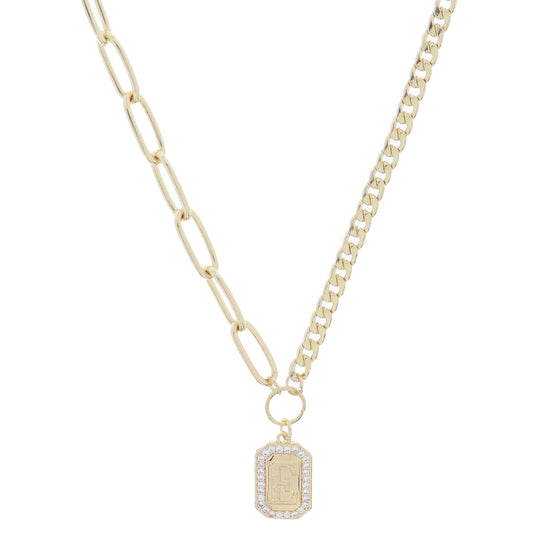Shiny Gold Half Paperclip, Half Curb Chain with Crystal Edged "E" Initial Emerald Plate Necklace