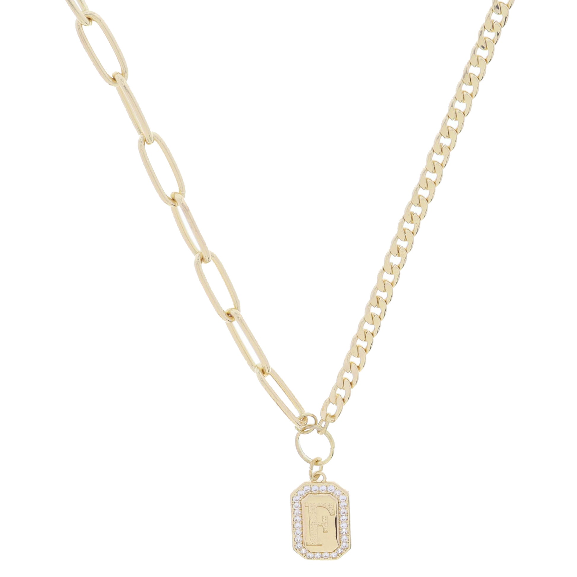 Shiny Gold Half Paperclip, Half Curb Chain with Crystal Edged "F" Initial Emerald Plate Necklace