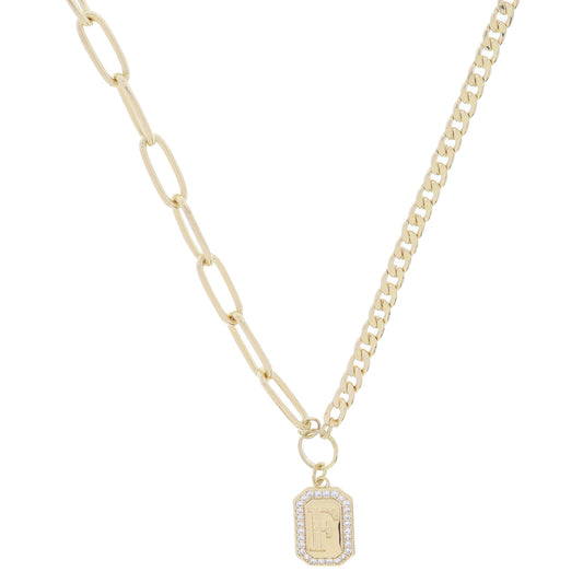 Shiny Gold Half Paperclip, Half Curb Chain with Crystal Edged "F" Initial Emerald Plate Necklace