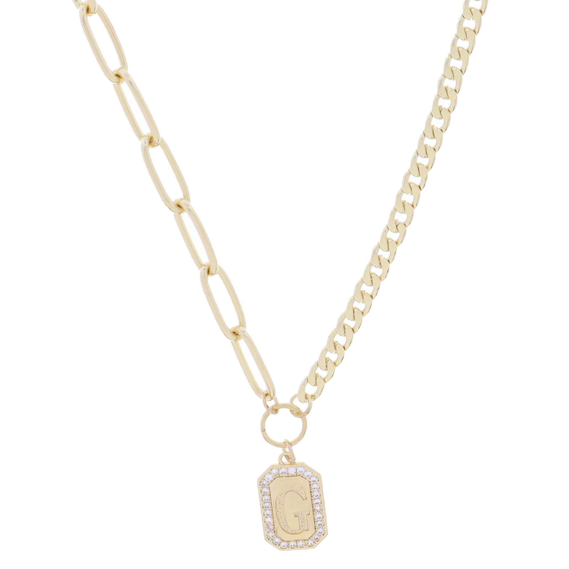 Shiny Gold Half Paperclip, Half Curb Chain with Crystal Edged "G" Initial Emerald Plate Necklace