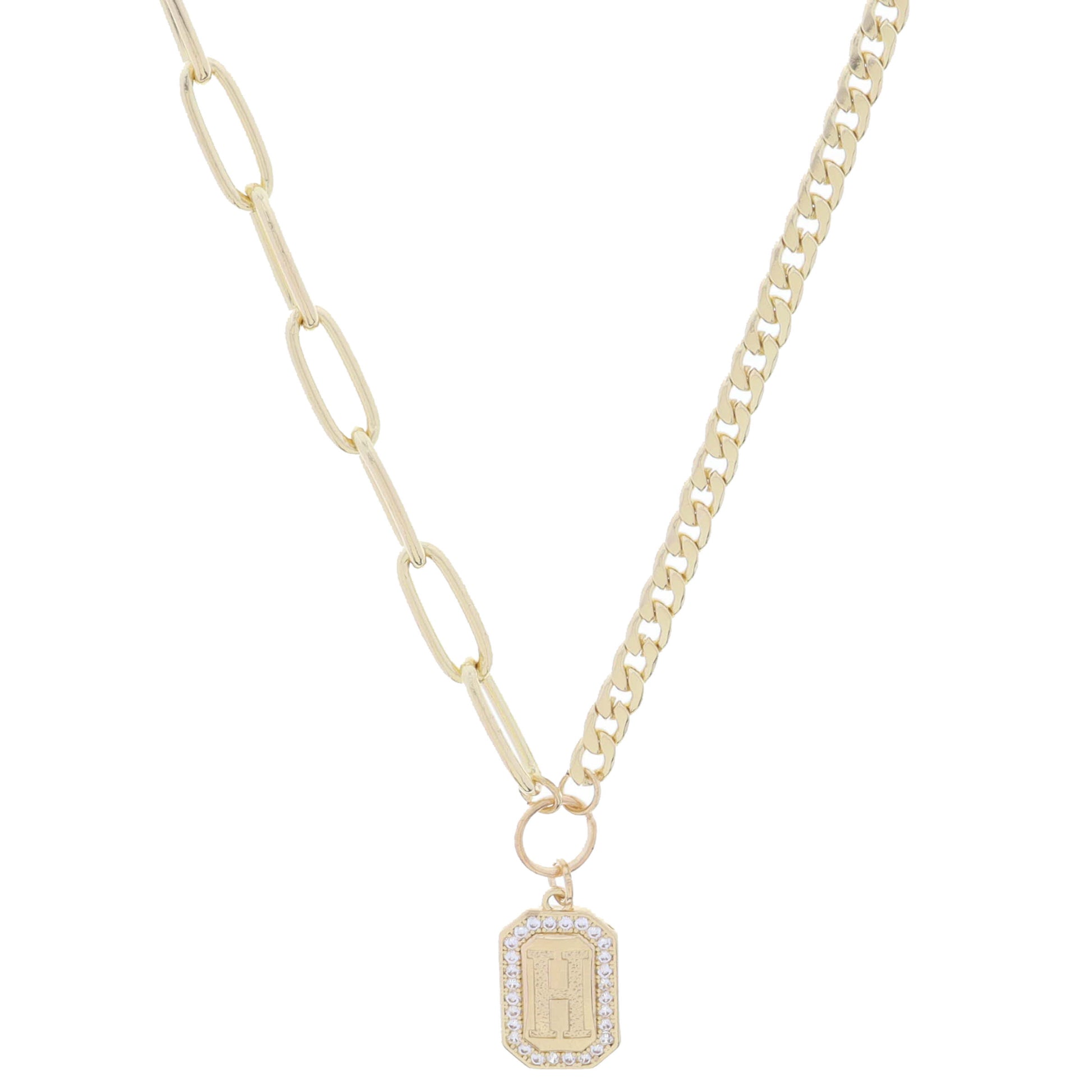 Shiny Gold Half Paperclip, Half Curb Chain with Crystal Edged "H" Initial Emerald Plate Necklace