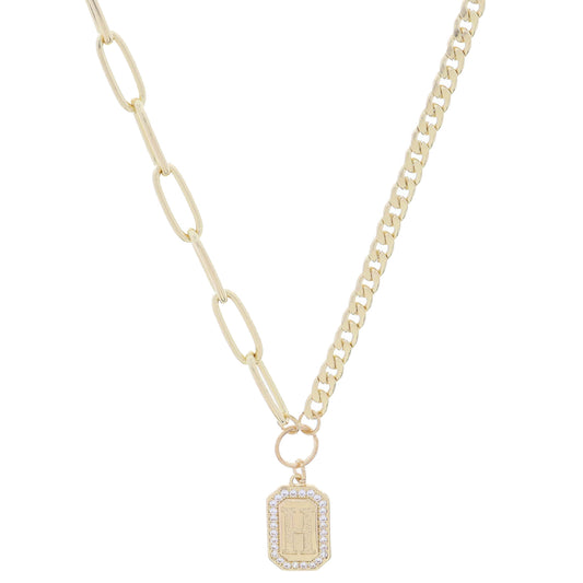 Shiny Gold Half Paperclip, Half Curb Chain with Crystal Edged "H" Initial Emerald Plate Necklace
