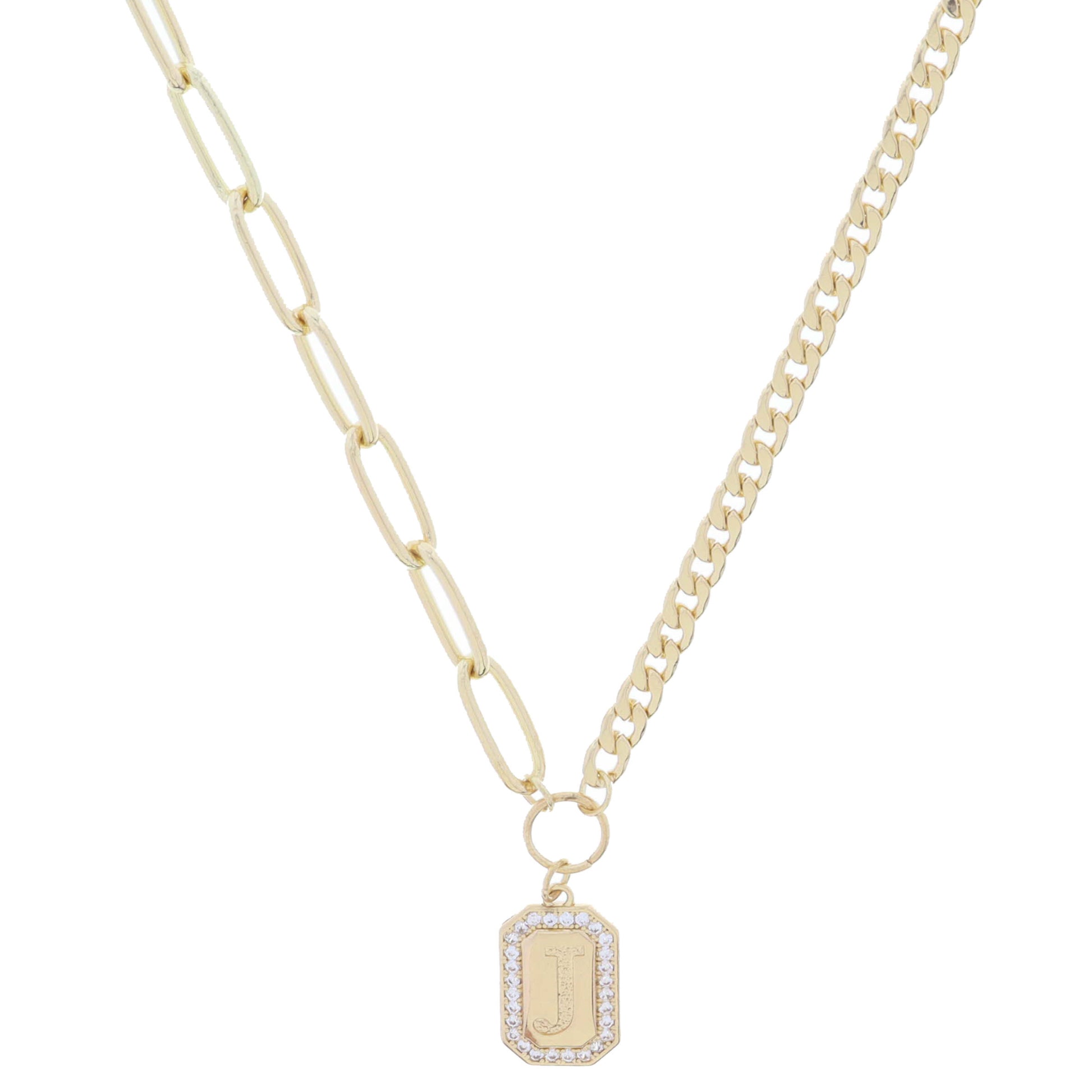 Shiny Gold Half Paperclip, Half Curb Chain with Crystal Edged "J" Initial Emerald Plate Necklace