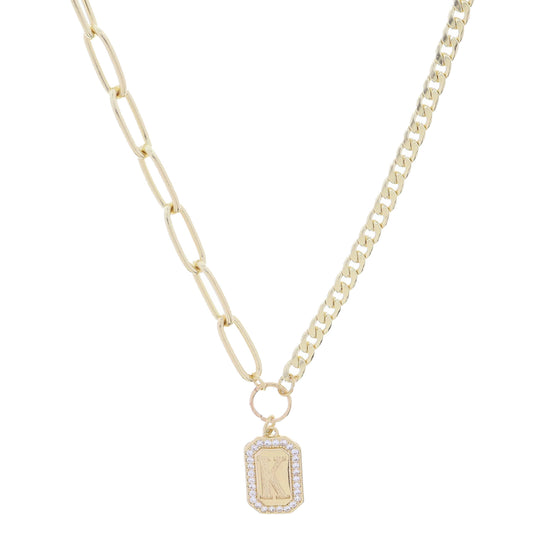 Shiny Gold Half Paperclip, Half Curb Chain with Crystal Edged "K" Initial Emerald Plate Necklace