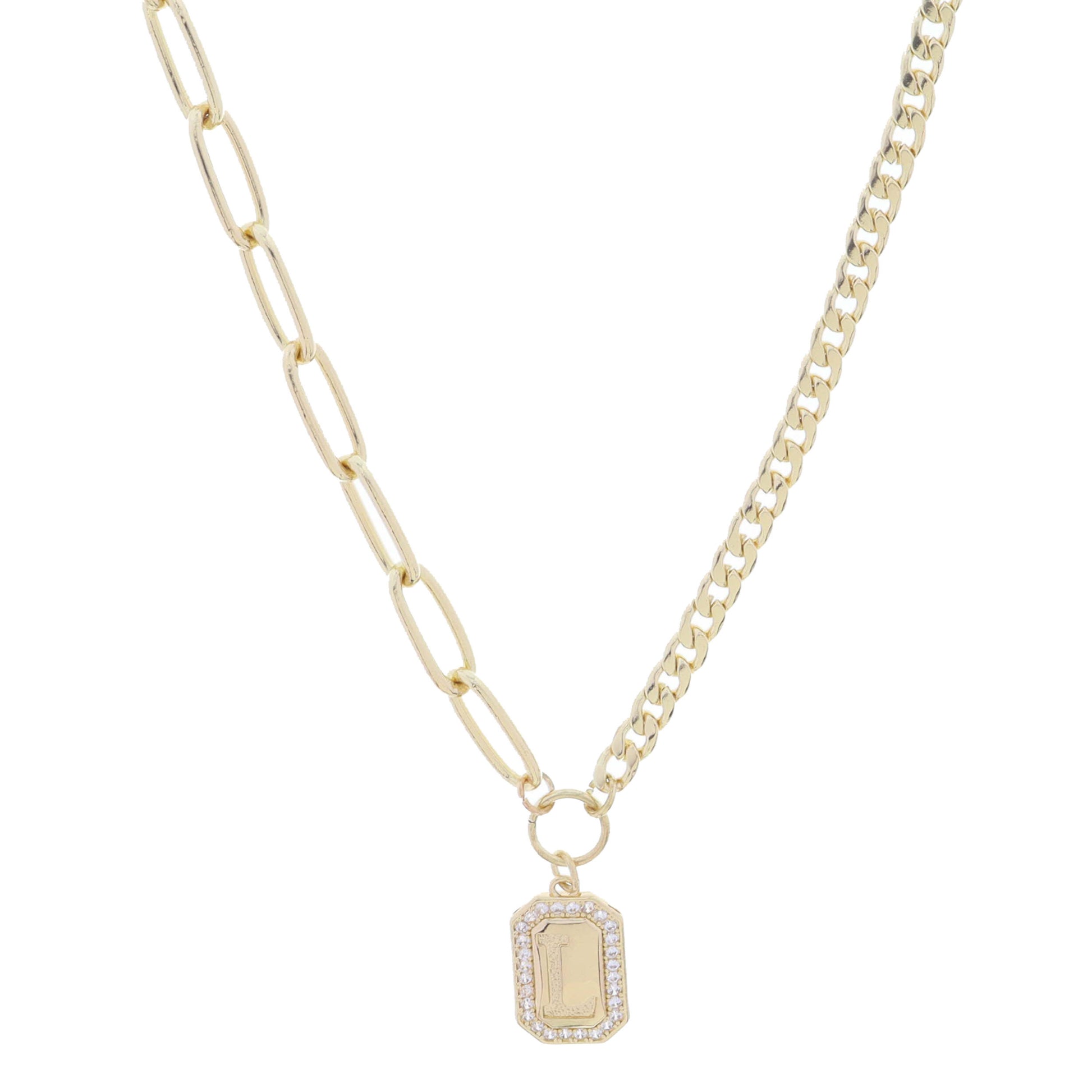 Shiny Gold Half Paperclip, Half Curb Chain with Crystal Edged "L" Initial Emerald Plate Necklace