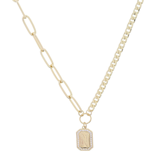 Shiny Gold Half Paperclip, Half Curb Chain with Crystal Edged "N" Initial Emerald Plate Necklace