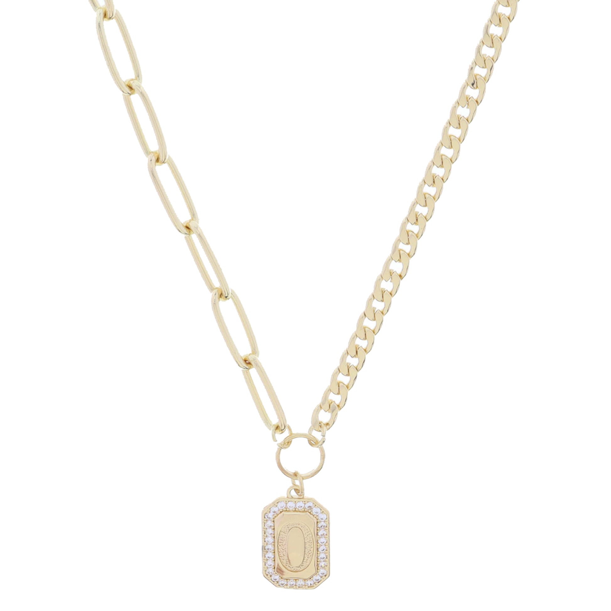 Shiny Gold Half Paperclip, Half Curb Chain with Crystal Edged "O" Initial Emerald Plate Necklace
