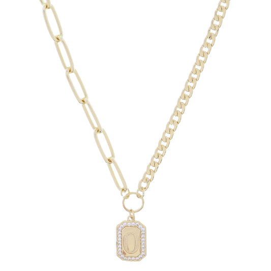 Shiny Gold Half Paperclip, Half Curb Chain with Crystal Edged "O" Initial Emerald Plate Necklace