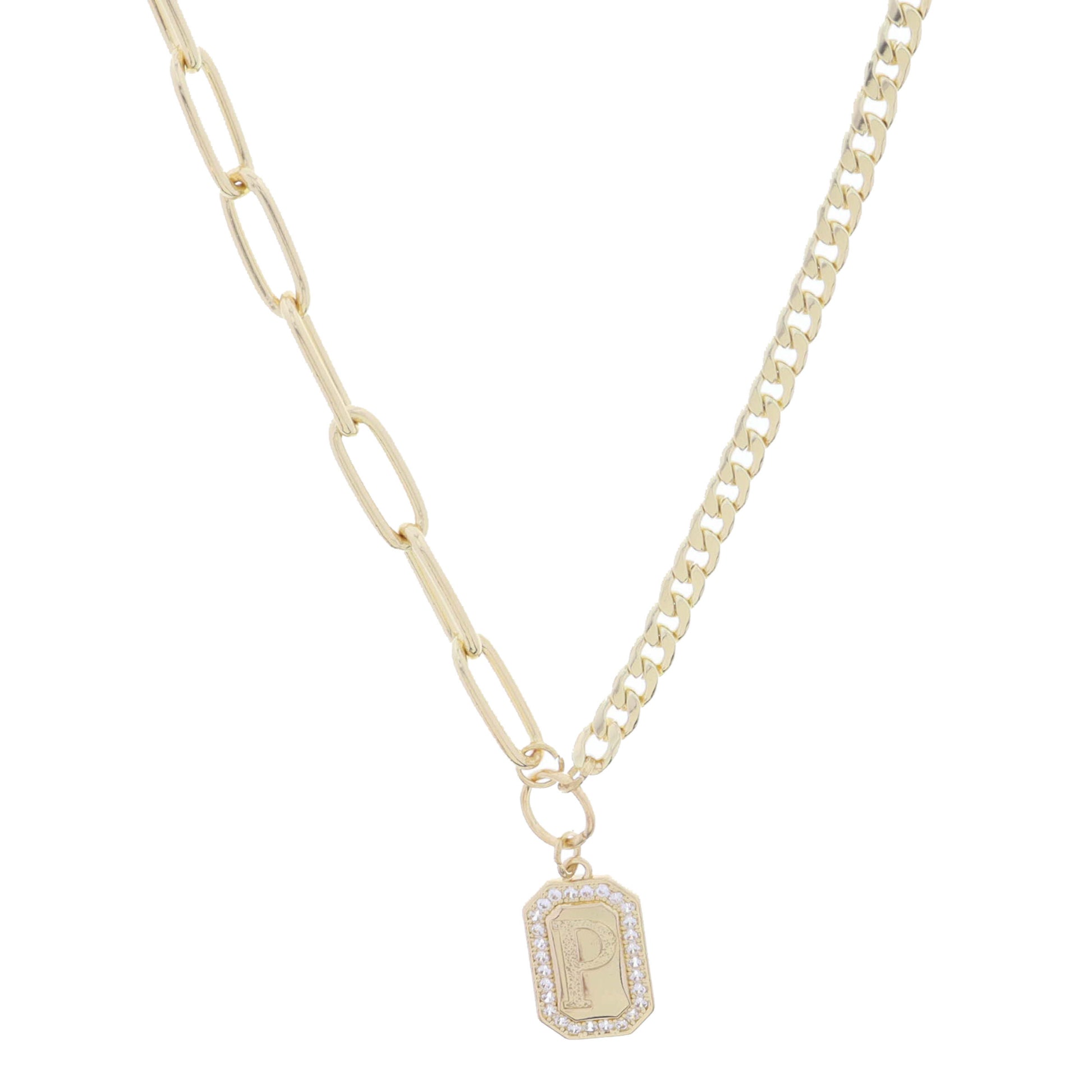 Shiny Gold Half Paperclip, Half Curb Chain with Crystal Edged "P" Initial Emerald Plate Necklace