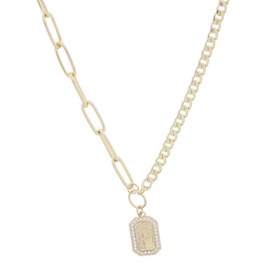 Shiny Gold Half Paperclip, Half Curb Chain with Crystal Edged "P" Initial Emerald Plate Necklace