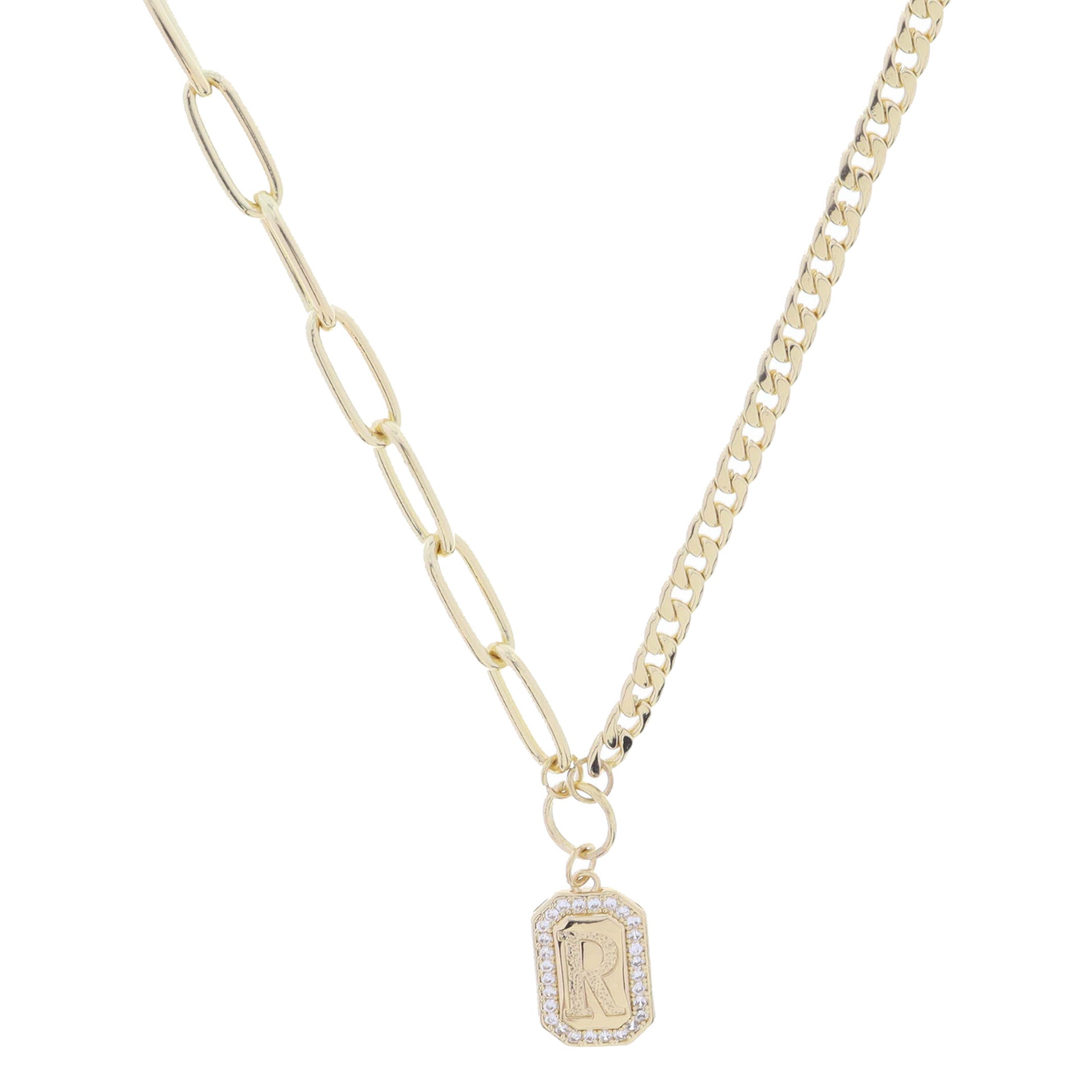 Shiny Gold Half Paperclip, Half Curb Chain with Crystal Edged "R" Initial Emerald Plate Necklace