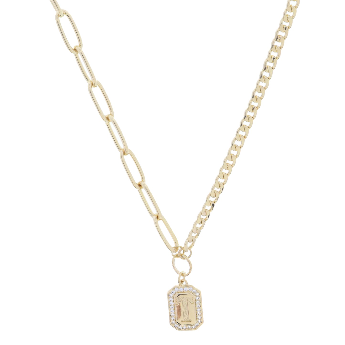 Shiny Gold Half Paperclip, Half Curb Chain with Crystal Edged "T" Initial Emerald Plate Necklace