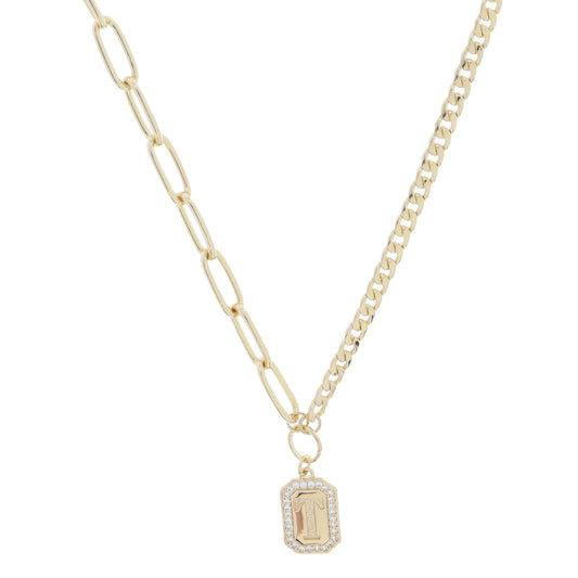 Shiny Gold Half Paperclip, Half Curb Chain with Crystal Edged "T" Initial Emerald Plate Necklace